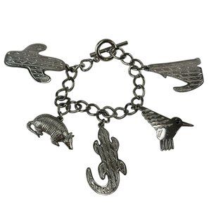 Vintage 7.5" JJ Charm Bracelet Southwest Cactus Coyote Armadillo Silver Tone
